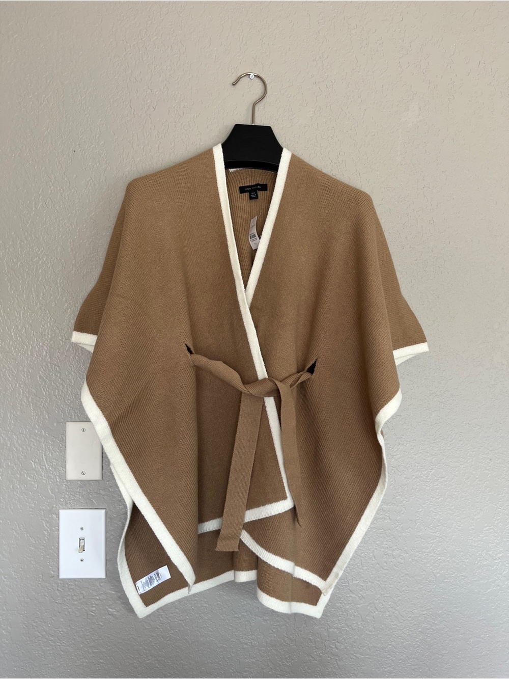 Ann Taylor Camel Knit Wrap Poncho with Cream Trim